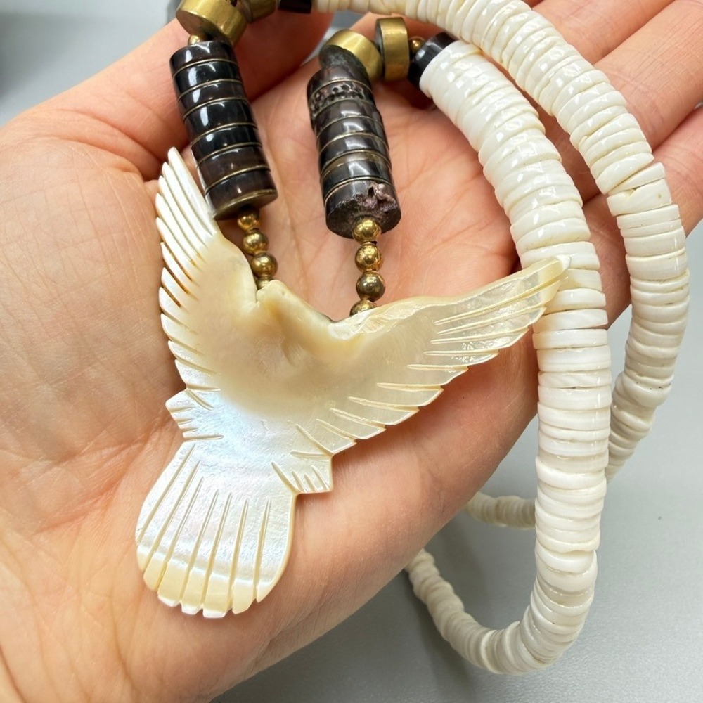 Vintage Heishi Necklace 19" Mother of Pearl Eagle Pendant Southwestern Unisex